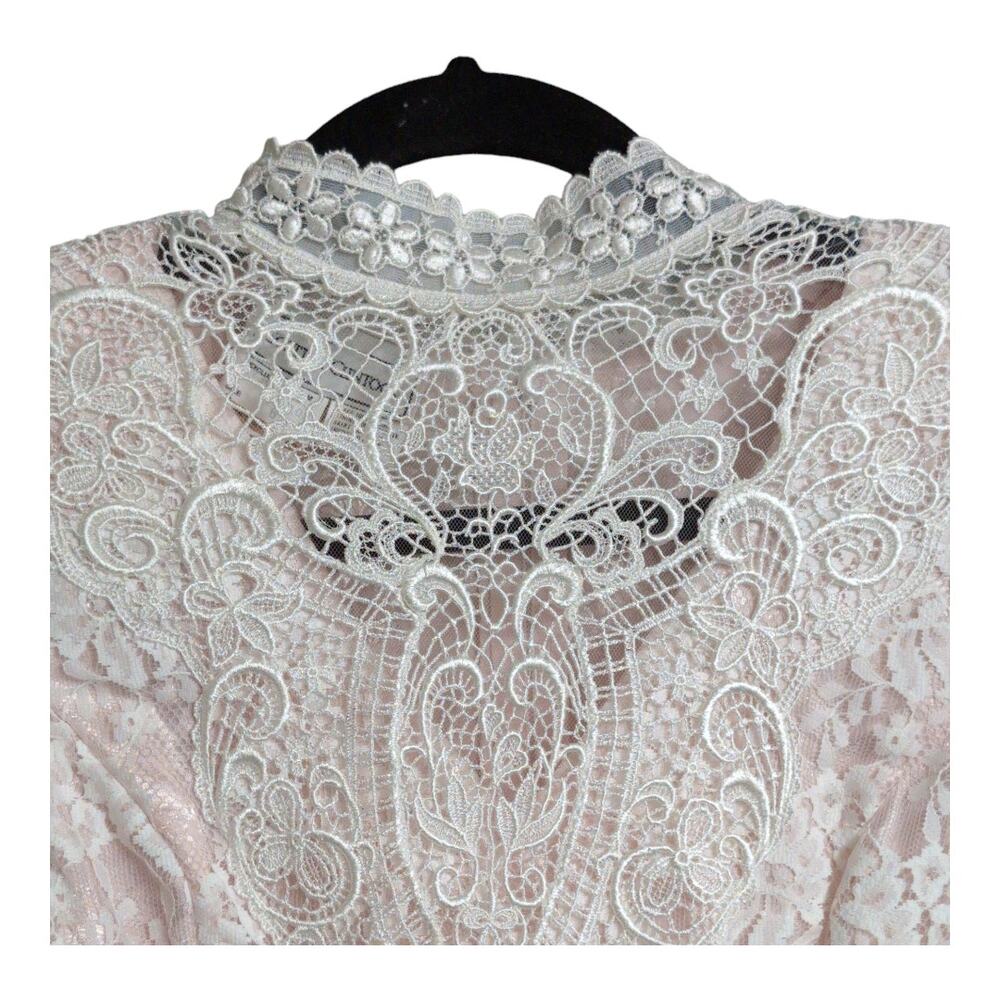 Vintage 80's Scott McClintock Pink Ivory Lace Victorian Style Dress High Neck 6 - Picture 2 of 13